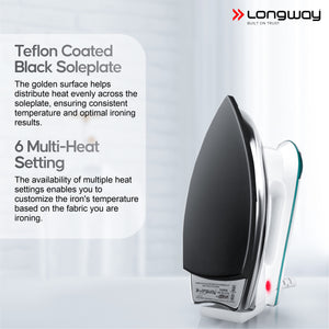 Longway Plancha Heavy Weight Non-Stick Teflon Coated Dry Iron, Electric Iron for Clothes | 1 Year Warranty| (1000 Watt, Blue)