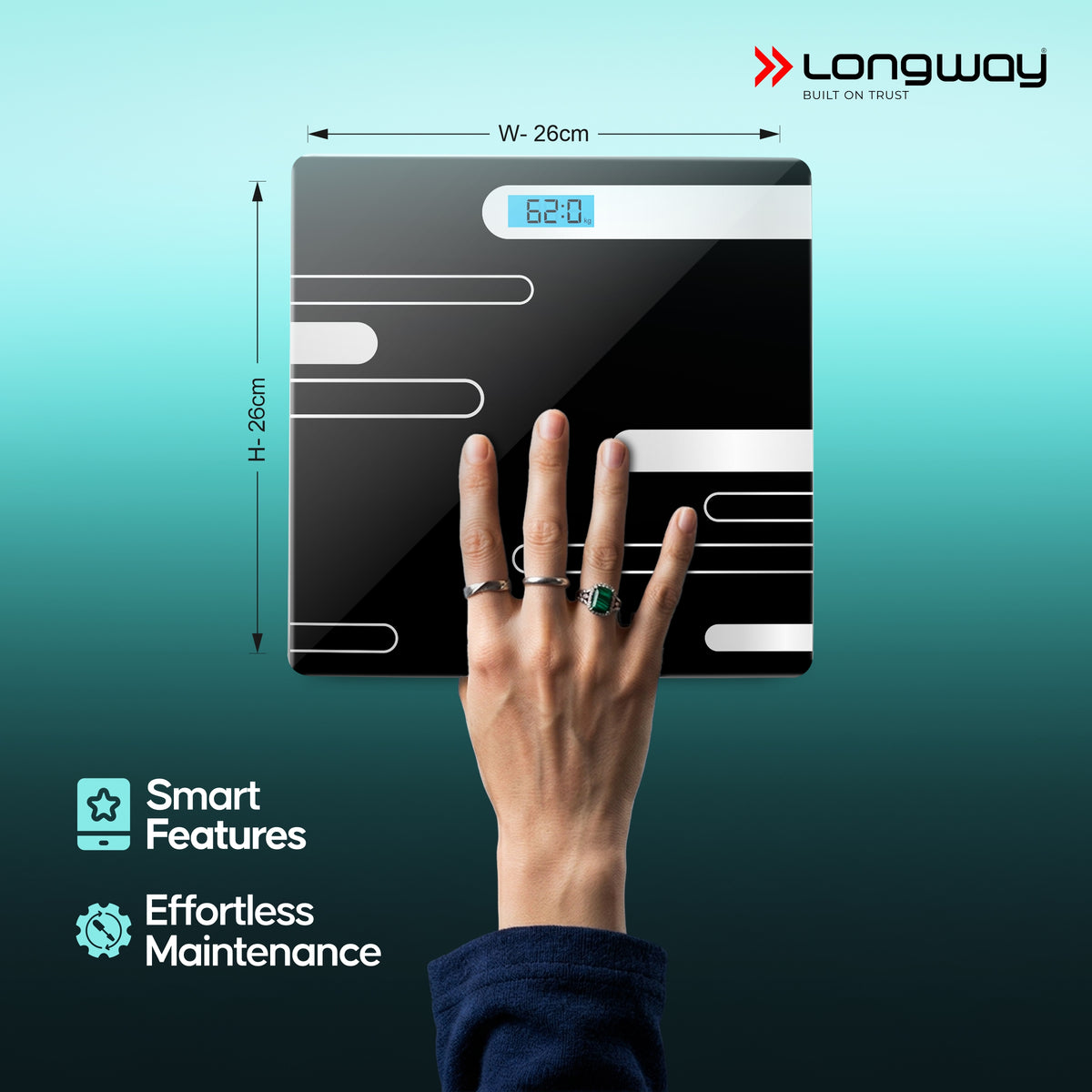 Longway Weight Machine for Home | Digital Bathroom Scale for Human Body Weight Measurement | Extra Thick Tempered Glass with LCD Display (36 Months Warranty | Max Weight 180Kgs | Power)