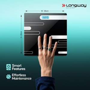 Longway Weight Machine for Home | Digital Bathroom Scale for Human Body Weight Measurement | Extra Thick Tempered Glass with LCD Display (36 Months Warranty | Max Weight 180Kgs | Power)