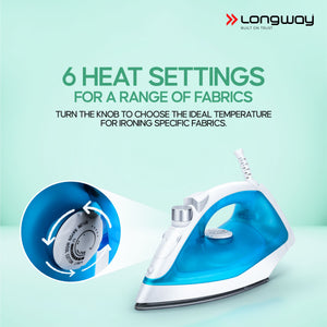 Longway Steamy Light Weight Non Stick Steam Iron, Powerful Steam Output Up to 18 G/Min (1400 Watt, Blue)