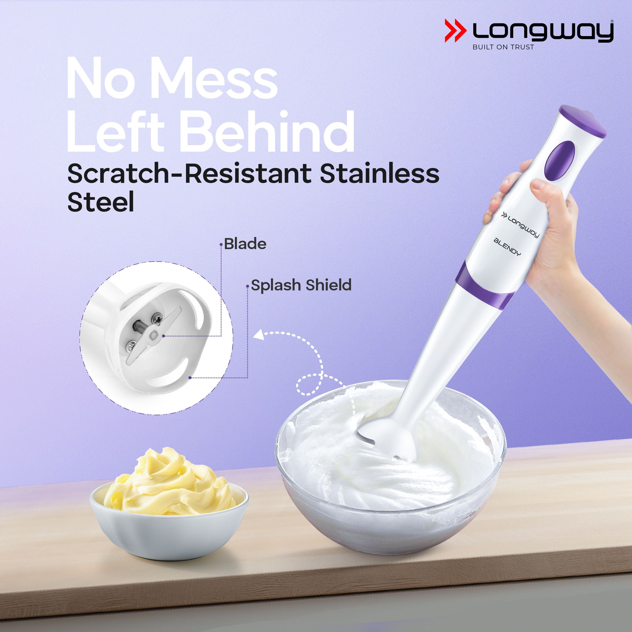 Longway Blendy Hand Blender with Chopper | Stainless Steel Blades | Detachable Anti Splash Plastic Foot | Perfect for Smooth Blends (300 W, Purple)