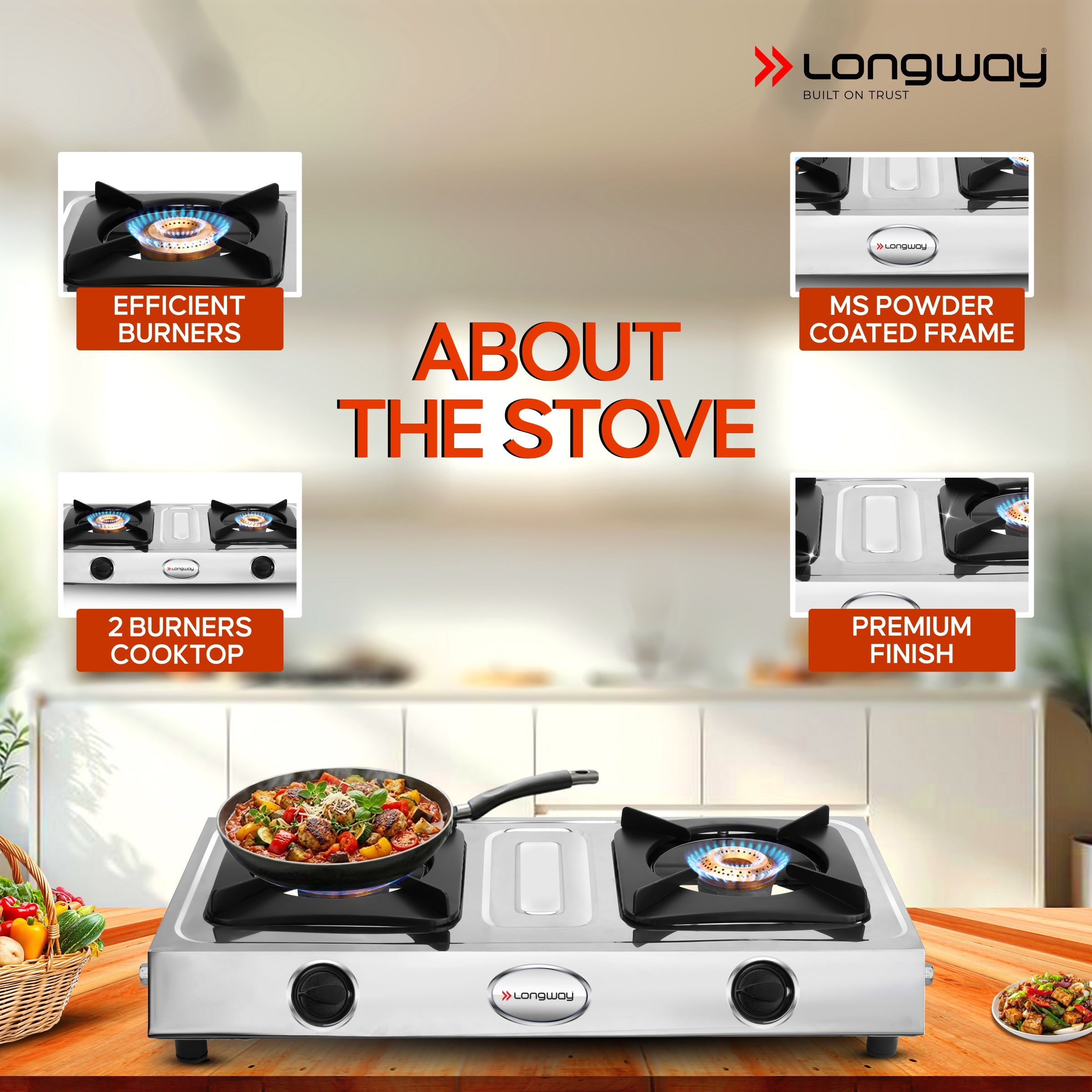 Longway Stellar Stainless Steel Top, 2 Burner Manual Ignition Stainless Steel Gas Stove (Silver, ISI Certified, 2 Year Warranty)