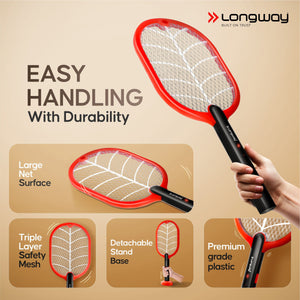 Longway Swatt Rechargeable Mosquito Racket | 3500V DC Voltage on the Net Mesh| Insect Killer Bat | 1200mAH Battery | Large Net Area for Better Coverage | Long Lasting Internal Battery | 6 Months Warranty (Black)