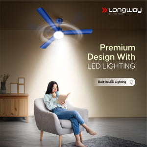 Longway Luminair 1200 mm BLDC Ceiling Fan with Remote Control & LED Light | BEE 5 Star Rated Energy Efficient | Ultra High Speed 3 Blade Anti-Dust Decorative Ceiling Fan | 5 Years Warranty (Blue)