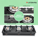 Longway Furn Glass Top, 3 Burner Auto Ignition Glass Gas Stove (Black, ISI Certified, 1 Year Warranty)