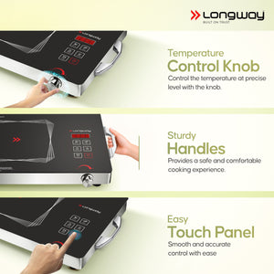Longway Infralite Pro ICT 2200 W Infrared Cooktop with Free Stainless Steel Grill | Auto Shut Off & Overheat Protection