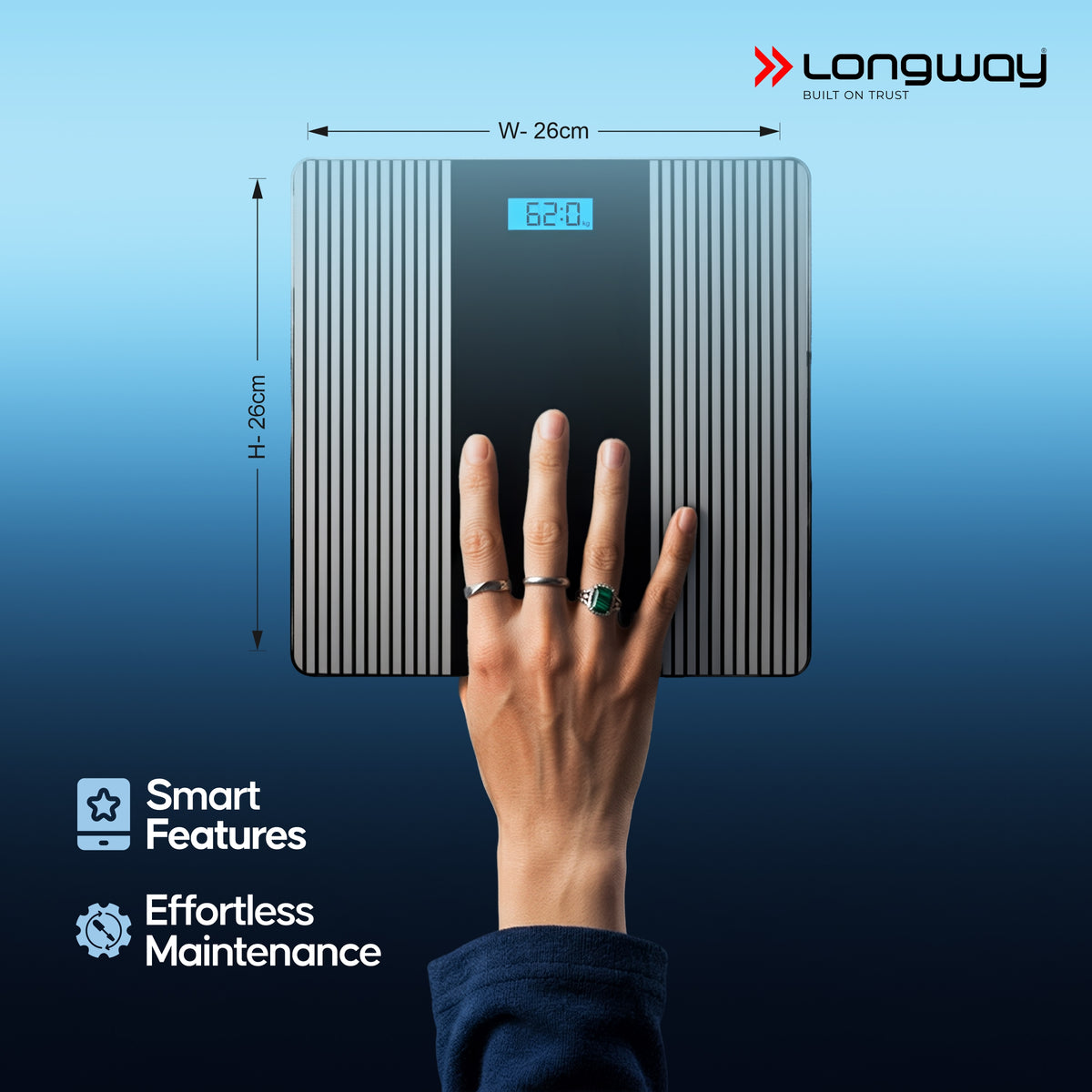 Longway Weight Machine for Home | Digital Bathroom Scale for Human Body Weight Measurement | Extra Thick Tempered Glass with LCD Display (36 Months Warranty | Max Weight 180Kgs | Strive)
