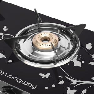 Longway Astra Glass Top, Manual Ignition Glass Gas Stove (Black, ISI Certified, 2 Years Warranty)