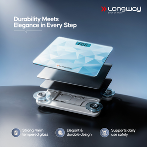Longway Weight Machine for Home | Digital Bathroom Scale for Human Body Weight Measurement | Extra Thick Tempered Glass with LCD Display (36 Months Warranty | Max Weight 180Kgs | Sapphire)