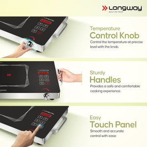 Longway Infralite Pro ICT 2200 W Infrared Cooktop with Free Stainless Steel Grill | Auto Shut Off & Overheat Protection