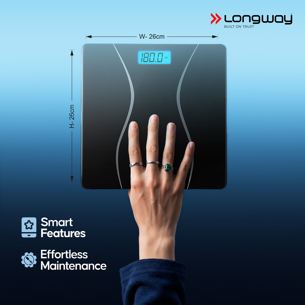 Longway Weight Machine for Home | Digital Bathroom Scale for Human Body Weight Measurement | Extra Thick Tempered Glass with LCD Display (36 Months Warranty | Max Weight 180Kgs | Aura)