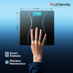 Longway Weight Machine for Home | Digital Bathroom Scale for Human Body Weight Measurement | Extra Thick Tempered Glass with LCD Display (36 Months Warranty | Max Weight 180Kgs | Aura)