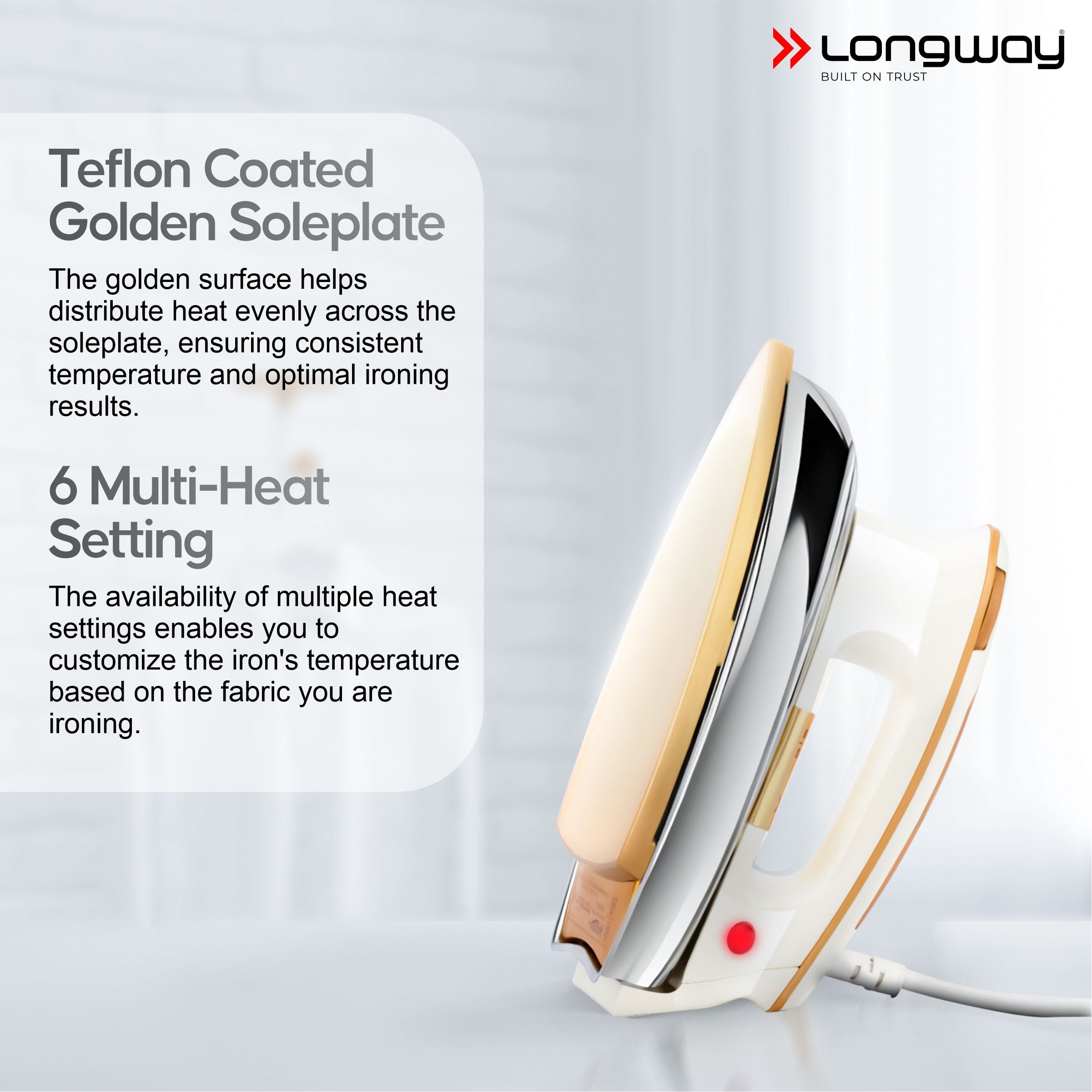 Longway Plancha Heavy Weight Non-Stick Teflon Coated Dry Iron, Electric Iron for Clothes | 2 Years Warranty| (1200 Watt)