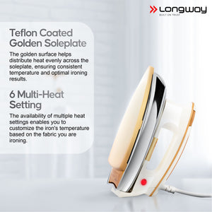 Longway Plancha Heavy Weight Non-Stick Teflon Coated Dry Iron, Electric Iron for Clothes | 2 Years Warranty| (1200 Watt)