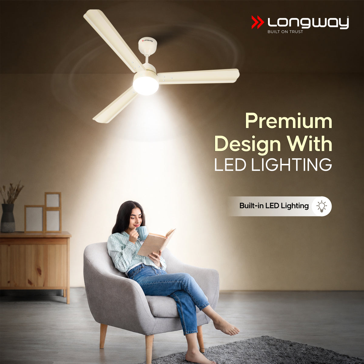 Longway Luminair 1200 mm BLDC Ceiling Fan with Remote Control & LED Light | BEE 5 Star Rated Energy Efficient | Ultra High Speed 3 Blade Anti-Dust Decorative Ceiling Fan | 5 Years Warranty (Ivory)