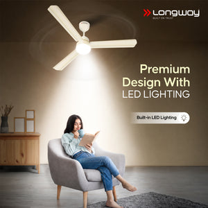 Longway Luminair 1200 mm BLDC Ceiling Fan with Remote Control & LED Light | BEE 5 Star Rated Energy Efficient | Ultra High Speed 3 Blade Anti-Dust Decorative Ceiling Fan | 5 Years Warranty (Ivory)