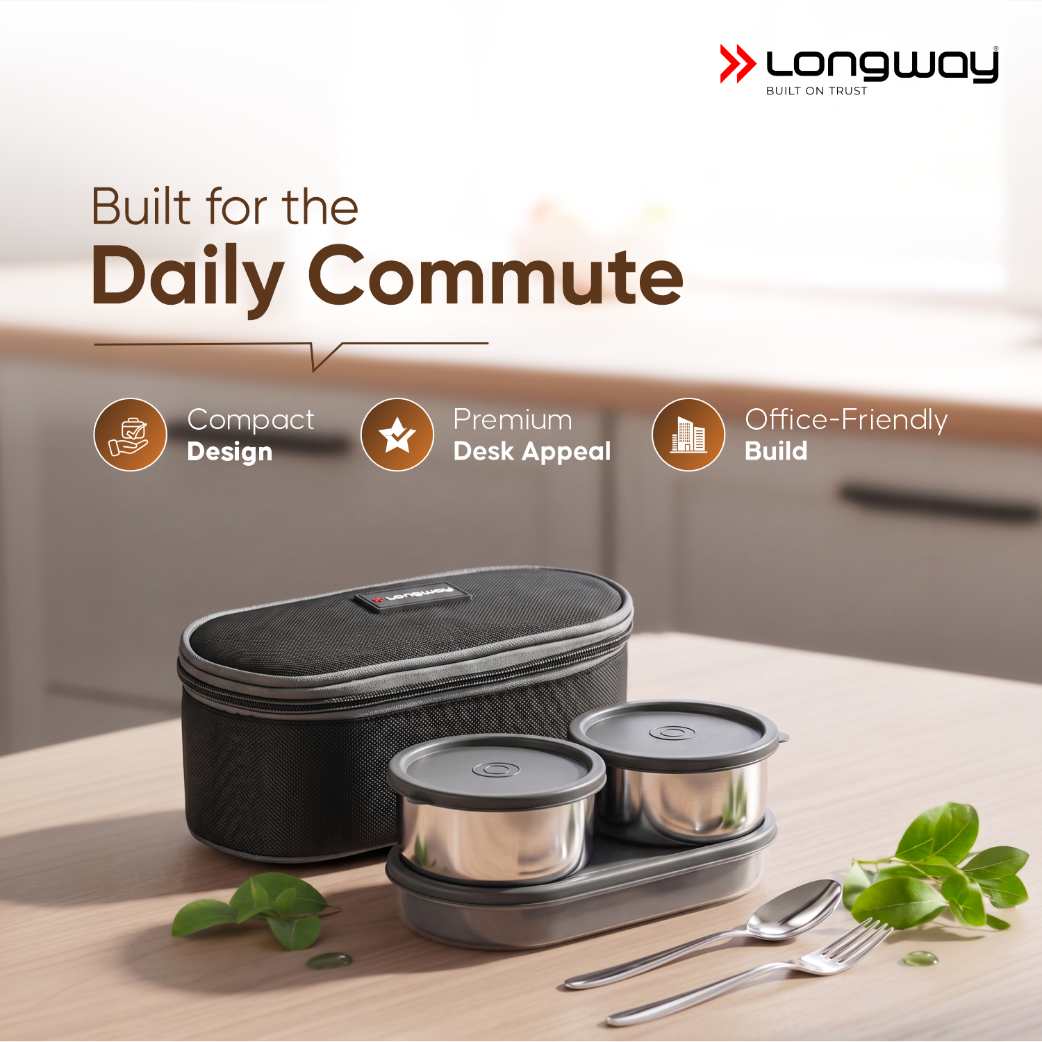Longway Craveo Stainless Steel Lunch Box with 3 Containers | 2 Round 300ml Each & 1 Oval 500ml | Airtight & Leak Resistant Tiffin Box with Spoon | Food-Grade Steel Lunch Box for Office, School & College