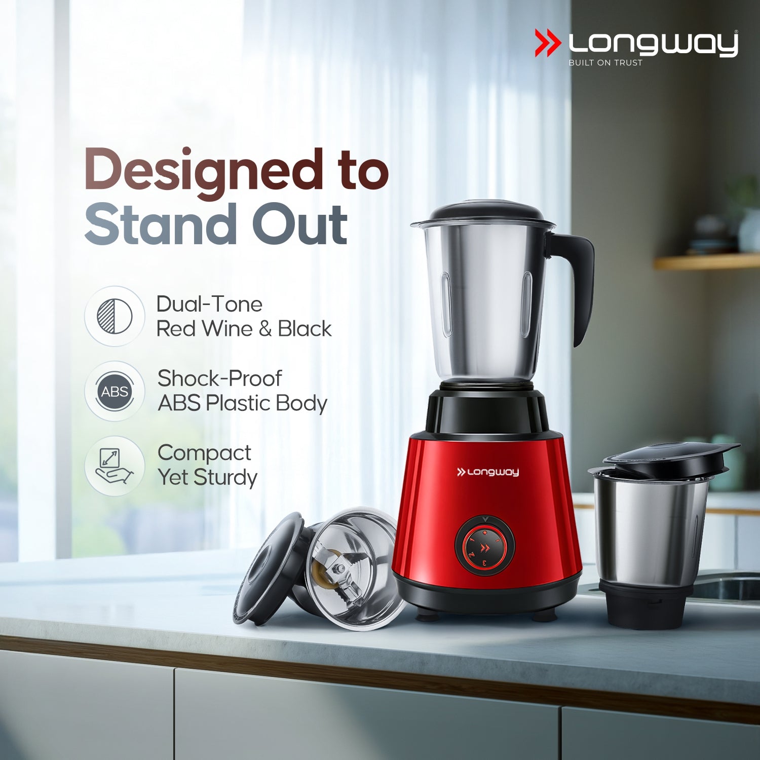Longway Super Pro Juicer Mixer Grinder | Up to 500 - 750 Watt Max Output Powerful Motor | for Grinding, Mixing, Juicing | 2 Year Warranty
