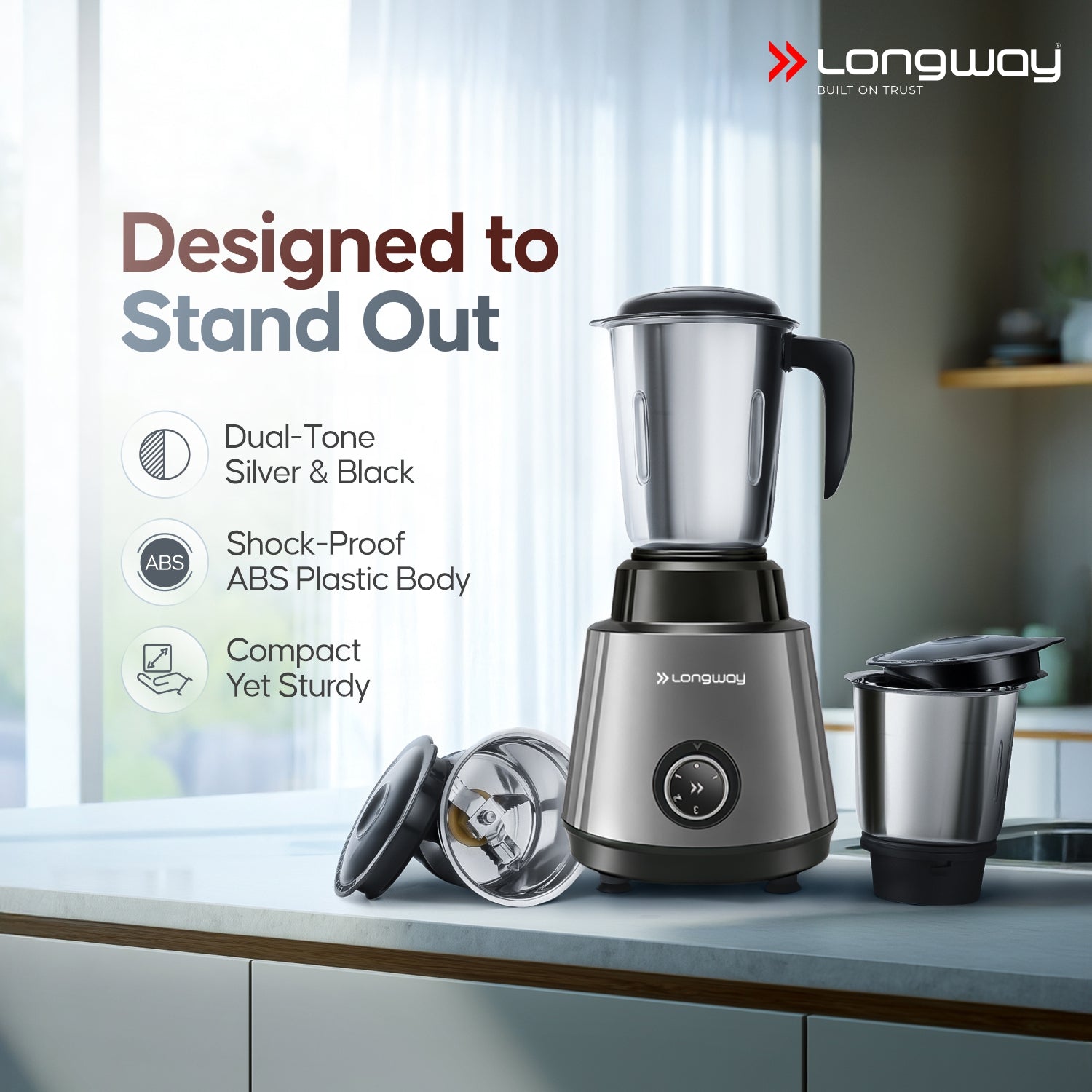 Longway Super Pro Juicer Mixer Grinder | Up to 500 - 750 Watt Max Output Powerful Motor | for Grinding, Mixing, Juicing | 2 Year Warranty