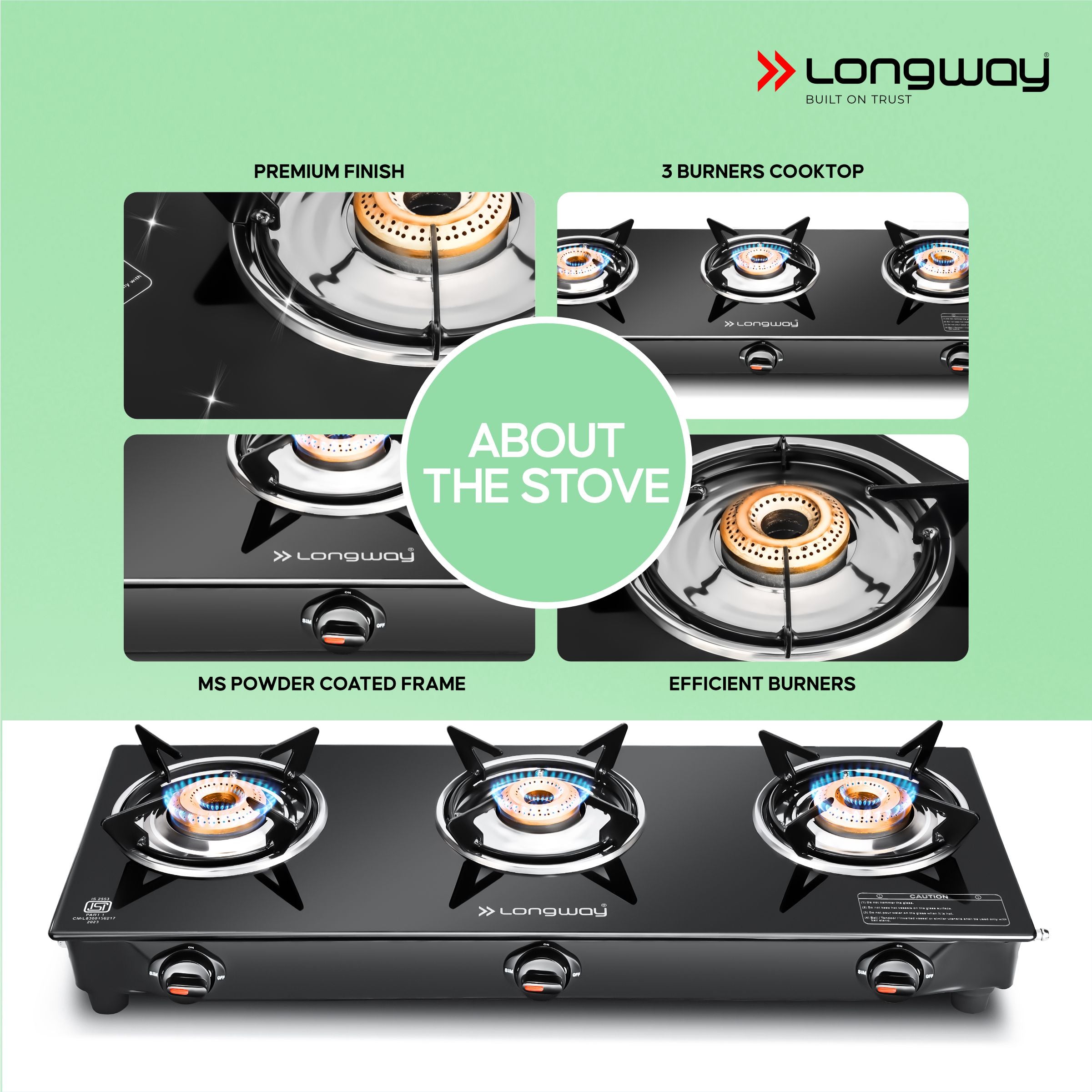 Longway Furn Glass Top, 3 Burner Manual Ignition Glass Gas Stove (Black, ISI Certified, 1 Year Warranty)