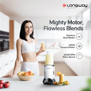 Longway Nutri Power 600 W Bullet Mixer Grinder & Smoothie Maker with Stainless Steel Blades & ABS Plastic Body | 22000 RPM | 3 Years Warranty (3 Jars, Silver)