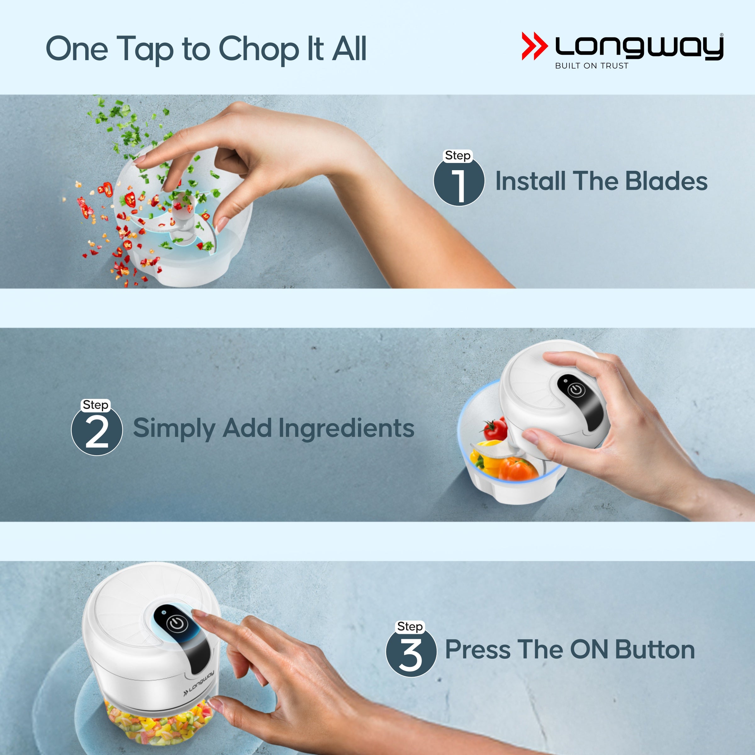 Longway Slicer Rechargeable Mini Electric Chopper | 250ml Food Grade Bowl | Stainless Steel Blades | One Touch Operation | Chopping & Mincing Garlic, Onion, Ginger, Vegetable, Meat, Nuts| Portable & Compact | 1 Year Warranty (White)