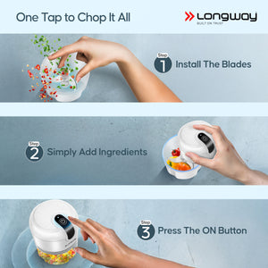 Longway Slicer Rechargeable Mini Electric Chopper | 250ml Food Grade Bowl | Stainless Steel Blades | One Touch Operation | Chopping & Mincing Garlic, Onion, Ginger, Vegetable, Meat, Nuts| Portable & Compact | 1 Year Warranty (White)