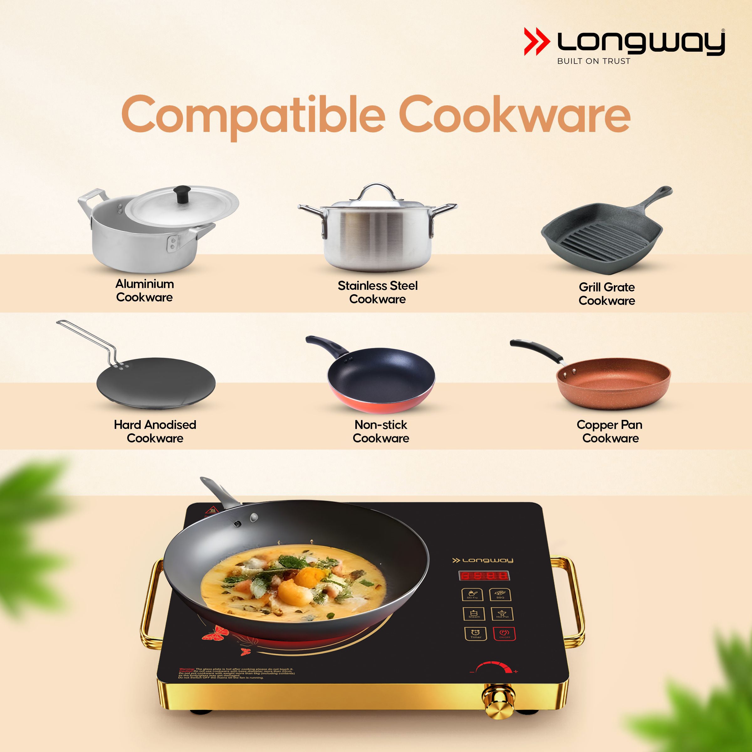 Longway Infralite Pro ICT 2200 W Infrared Cooktop with Free Stainless Steel Grill | Auto Shut Off & Overheat Protection