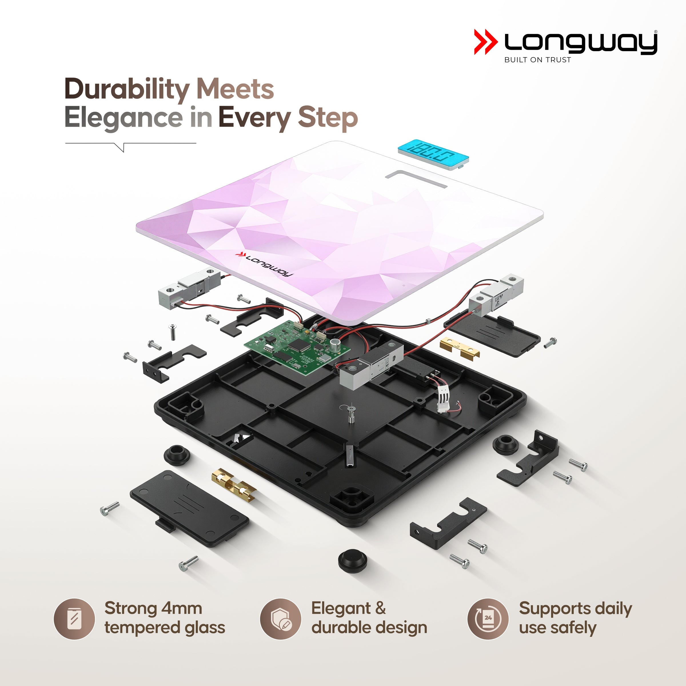 Longway Weight Machine for Home | Digital Bathroom Scale for Human Body Weight Measurement | Extra Thick Tempered Glass with LCD Display (36 Months Warranty | Max Weight 180Kgs | Sapphire)