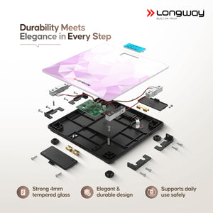 Longway Weight Machine for Home | Digital Bathroom Scale for Human Body Weight Measurement | Extra Thick Tempered Glass with LCD Display (36 Months Warranty | Max Weight 180Kgs | Sapphire)