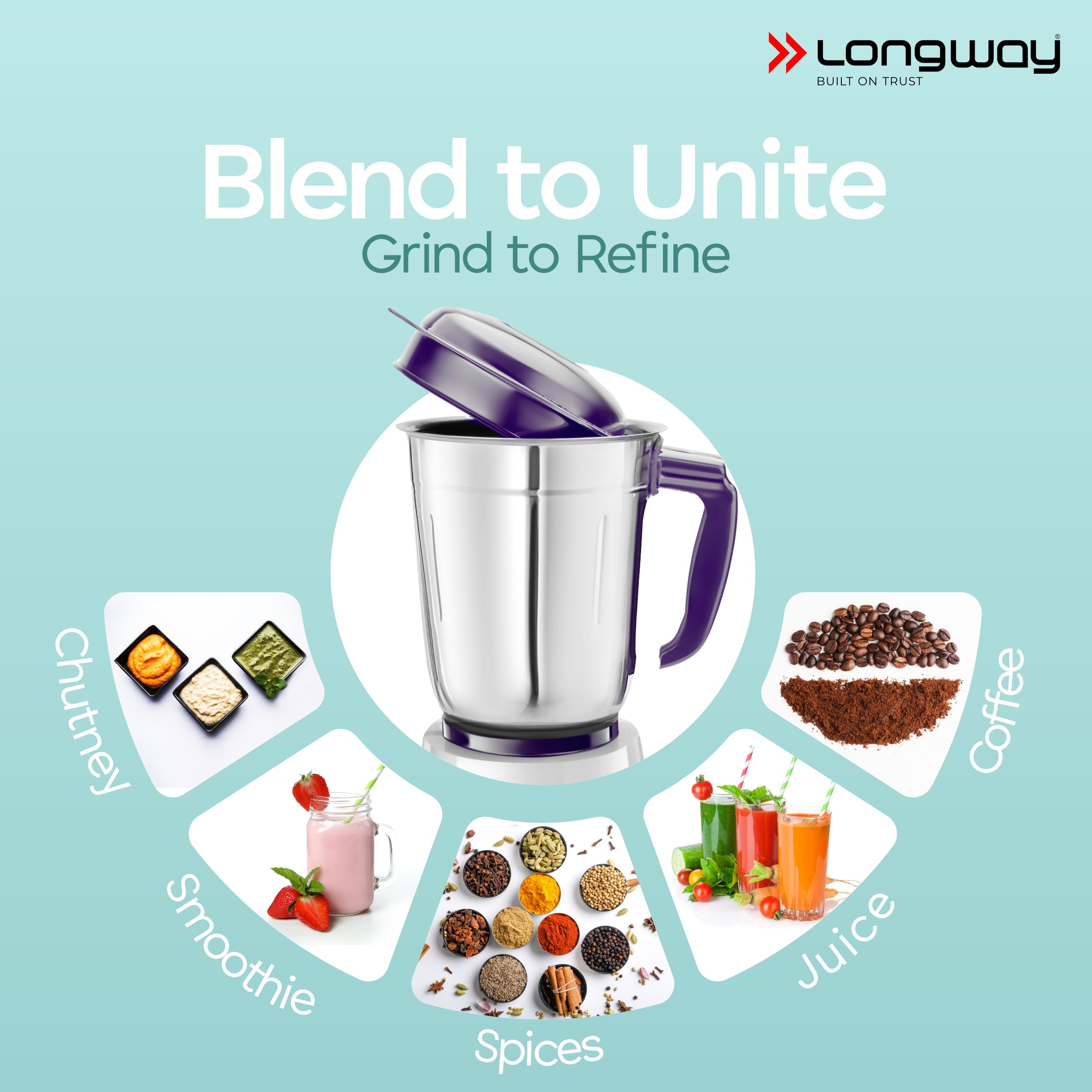 Longway Reo 550 Watt Mixer Grinder with 4 Jars for Grinding, Mixing, Blending, Juicing with Powerful Motor | 1 Year Warranty | (Purple, 4 Jars)