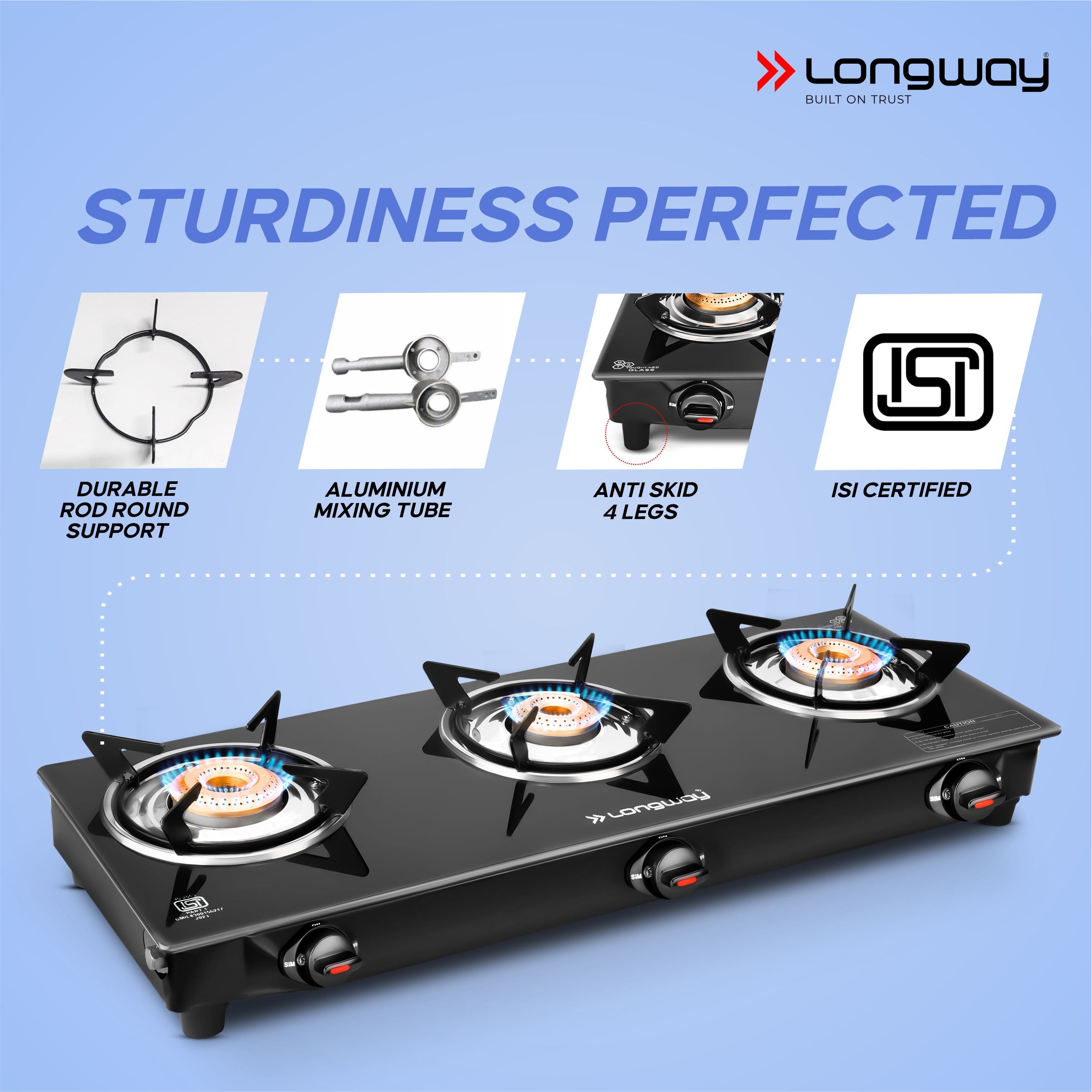 Longway Furn Glass Top, 3 Burner Manual Ignition Glass Gas Stove (Black, ISI Certified, 1 Year Warranty)