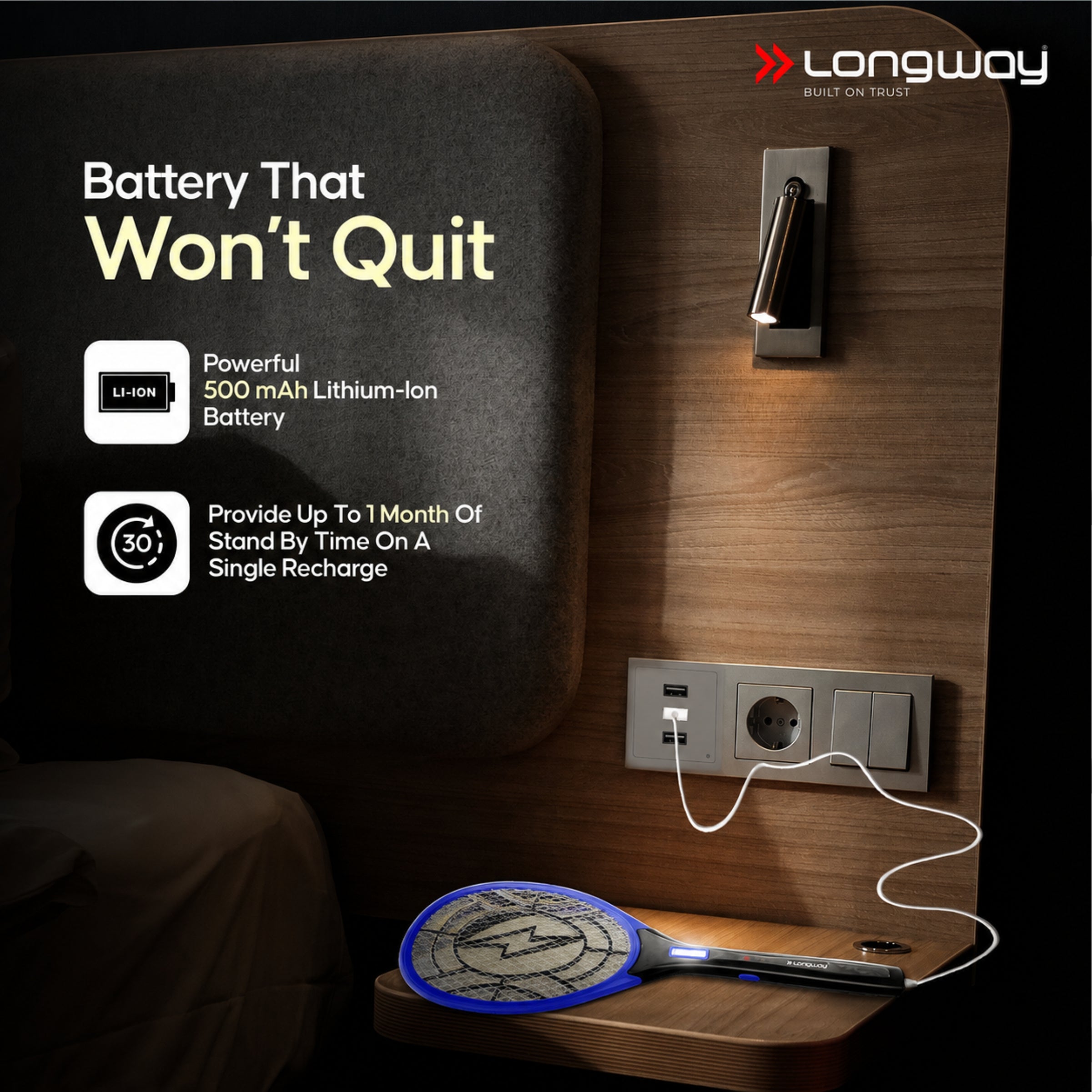 Longway Zappy Rechargeable Mosquito Racket | 3500V DC Voltage on the Net Mesh| Insect Killer Bat | 500mAH Battery | Large Net Area for Better Coverage | Long Lasting Internal Battery | 1 Year Warranty