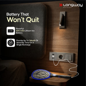 Longway Zappy Rechargeable Mosquito Racket | 3500V DC Voltage on the Net Mesh| Insect Killer Bat | 500mAH Battery | Large Net Area for Better Coverage | Long Lasting Internal Battery | 1 Year Warranty