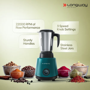 Longway Super Pro Juicer Mixer Grinder | Up to 500 - 750 Watt Max Output Powerful Motor | for Grinding, Mixing, Juicing | 2 Year Warranty