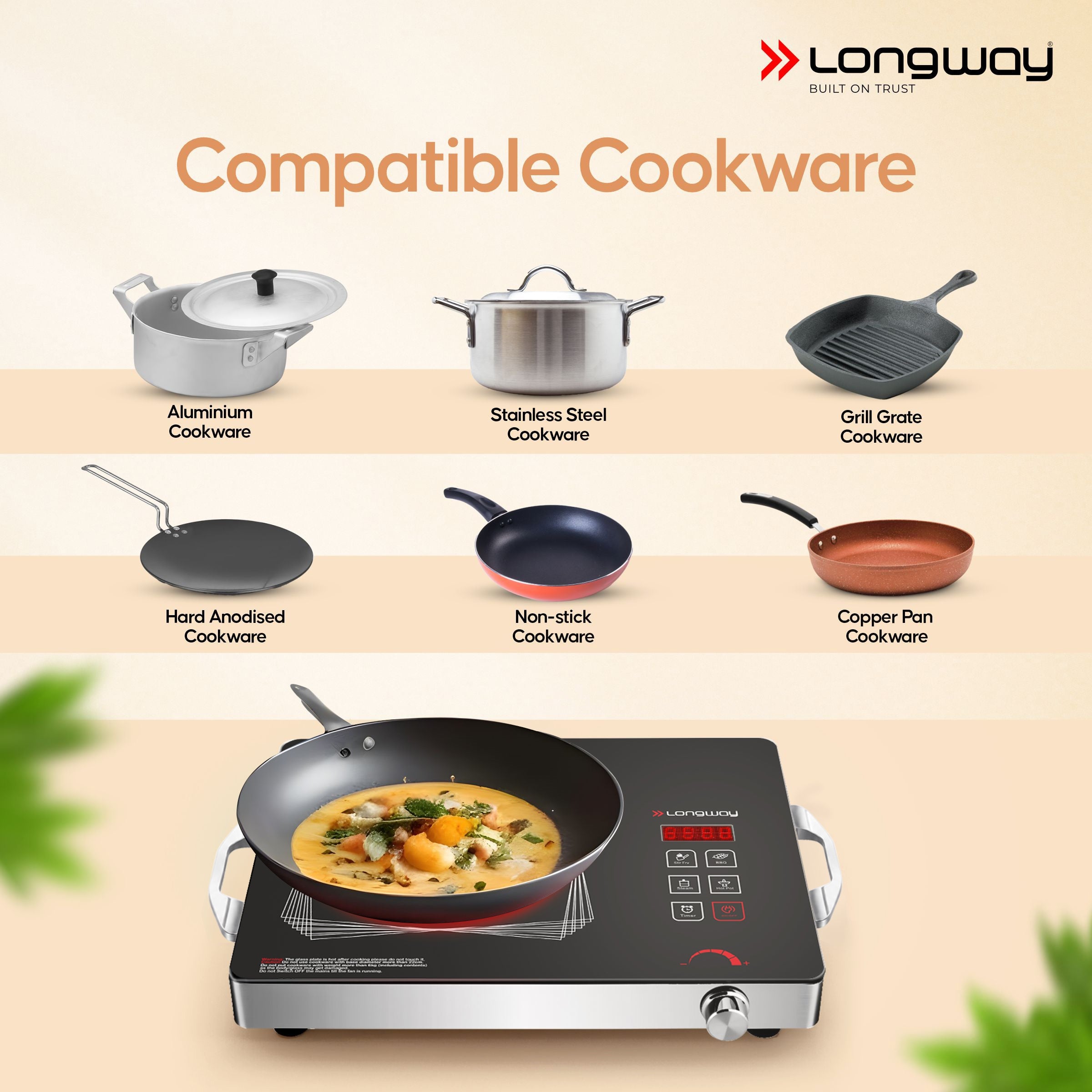 Longway Infralite Pro ICT 2200 W Infrared Cooktop with Free Stainless Steel Grill | Auto Shut Off & Overheat Protection