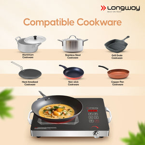 Longway Infralite Pro ICT 2200 W Infrared Cooktop with Free Stainless Steel Grill | Auto Shut Off & Overheat Protection