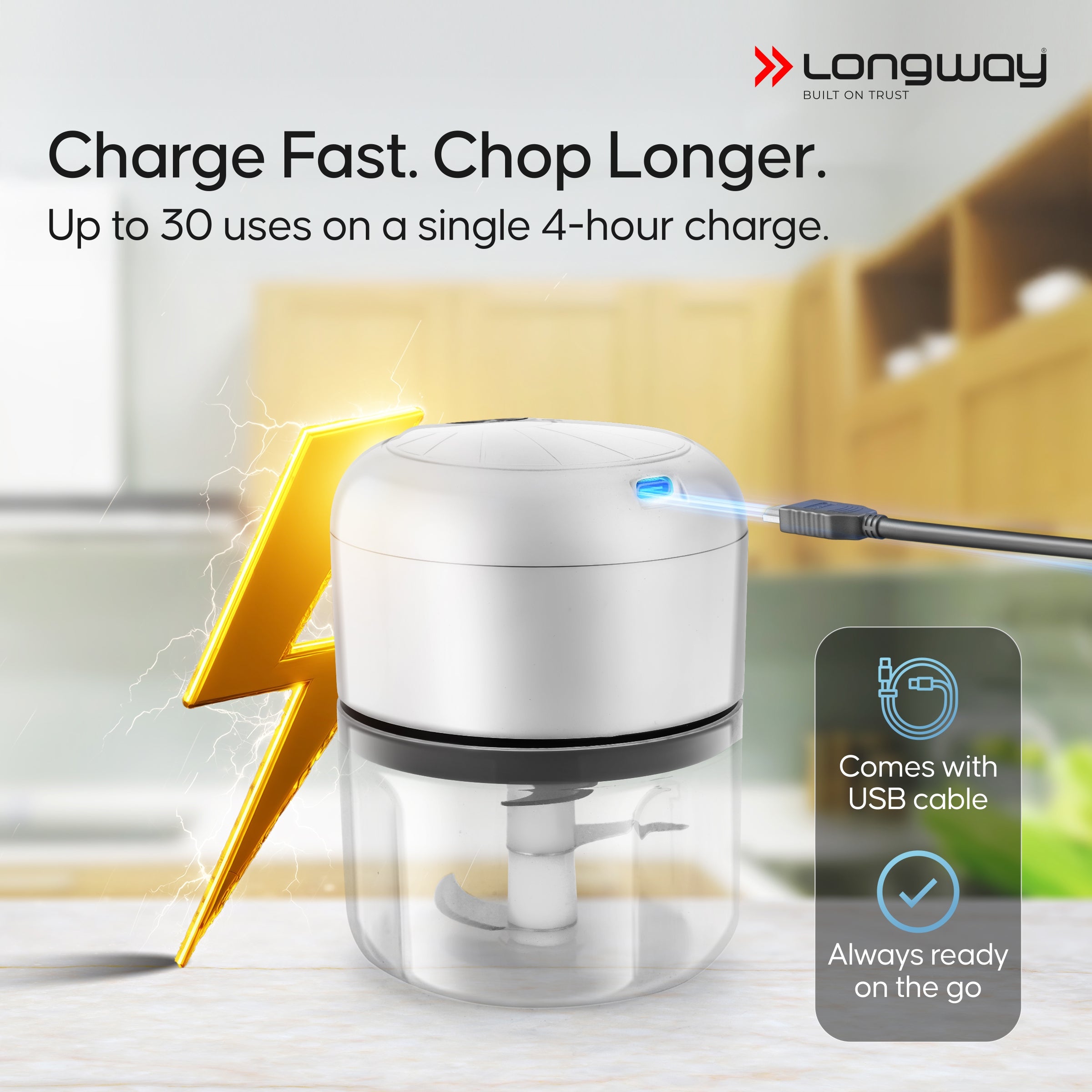 Longway Slicer Rechargeable Mini Electric Chopper | 250ml Food Grade Bowl | Stainless Steel Blades | One Touch Operation | Chopping & Mincing Garlic, Onion, Ginger, Vegetable, Meat, Nuts| Portable & Compact | 1 Year Warranty (White)