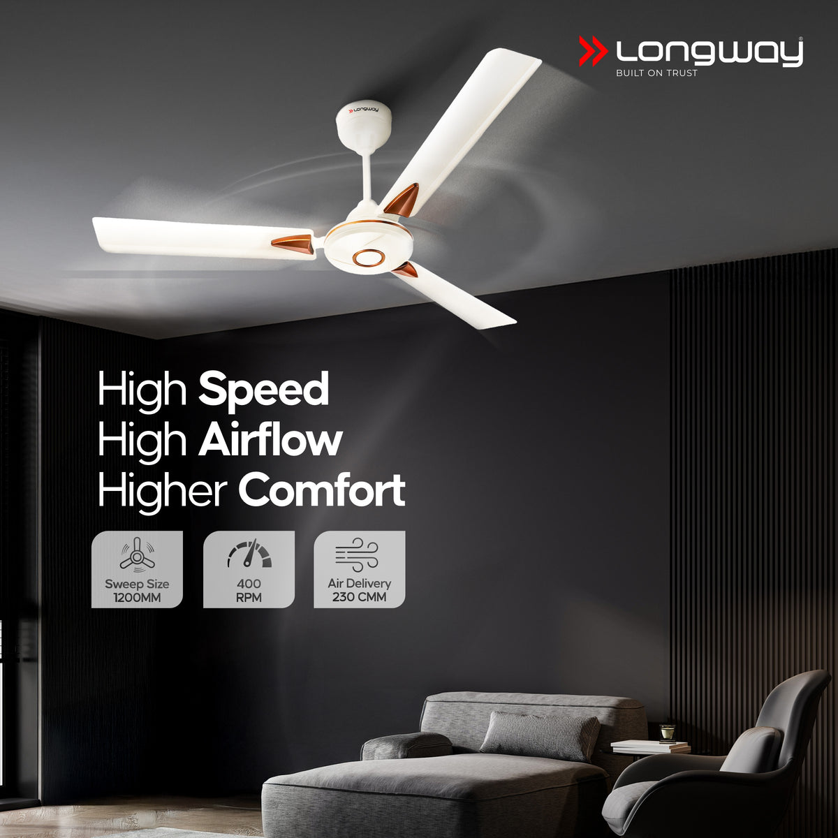 Longway Aero 1200 mm BLDC Ceiling Fan with Remote Control | BEE 5 Star Rated Energy Efficient | Ultra High Speed 3 Blade Anti-Dust Decorative Ceiling Fan