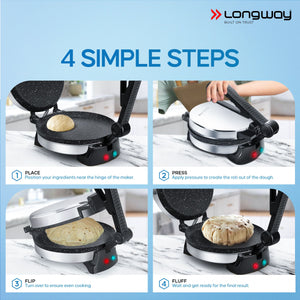 Longway Automatic Electric Roti Maker | Non-Stick Stainless Steel Press for Roti, Chapati & Parathas Multipurpose | 1 Year Warranty (1000 W, Silver)