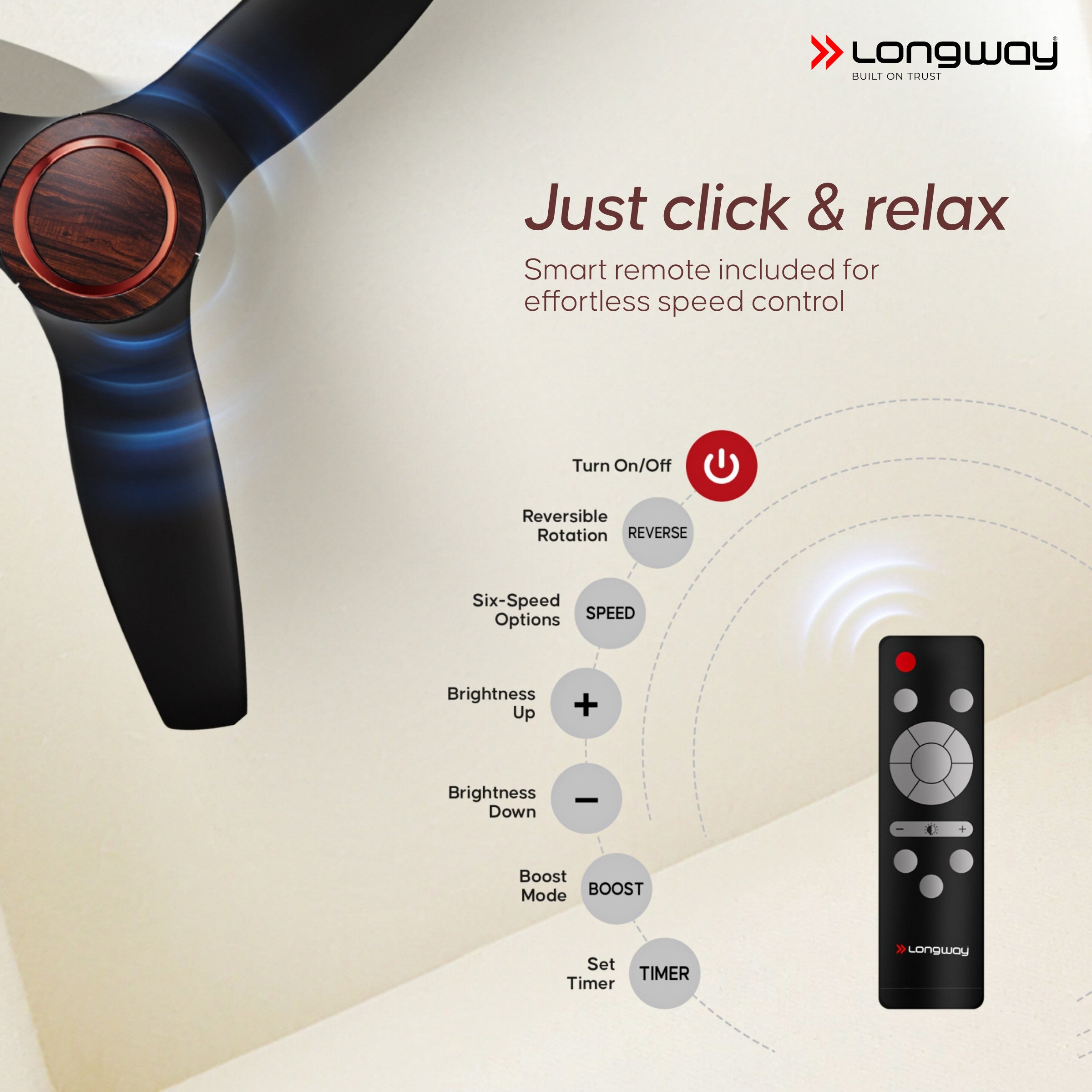 Longway Glideon 1200mm BLDC Ceiling Fan with Remote Control | Premium Look with Ultra Silent Performance | ABS Blade & Body | BEE 5 Star Rated | Anti-Dust Decorative Ceiling Fan | 5 Years Warranty