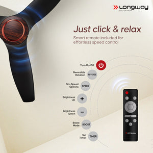 Longway Glideon 1200mm BLDC Ceiling Fan with Remote Control | Premium Look with Ultra Silent Performance | ABS Blade & Body | BEE 5 Star Rated | Anti-Dust Decorative Ceiling Fan | 5 Years Warranty