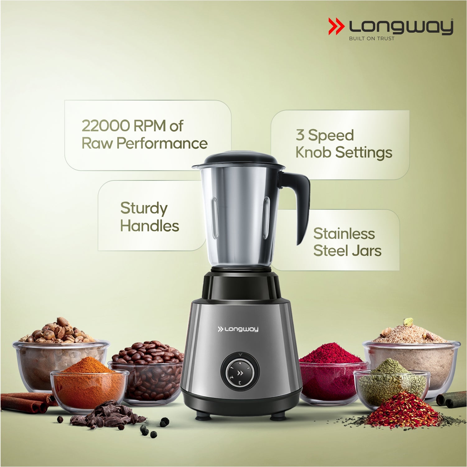 Longway Super Pro Juicer Mixer Grinder | Up to 500 - 750 Watt Max Output Powerful Motor | for Grinding, Mixing, Juicing | 2 Year Warranty
