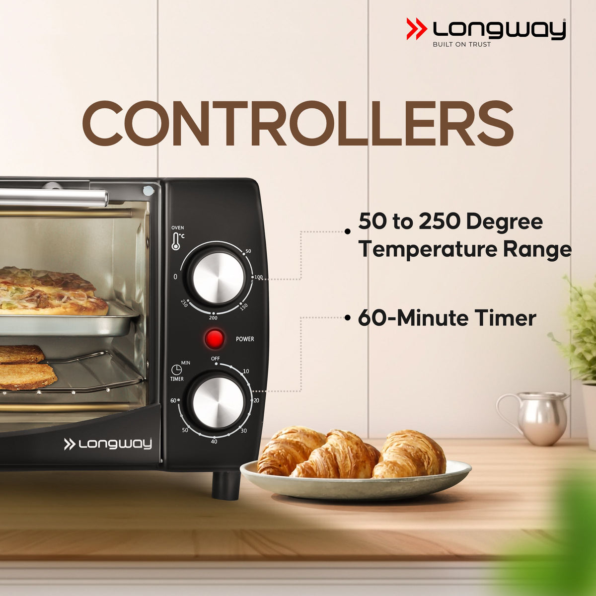 Longway Royal OTG 12 Ltr Oven Toaster Griller with Heating Modes | Temperature Timer Control for Baking Pizza, Cake, Grilling Chicken & Toasting Bread| (1000 W)
