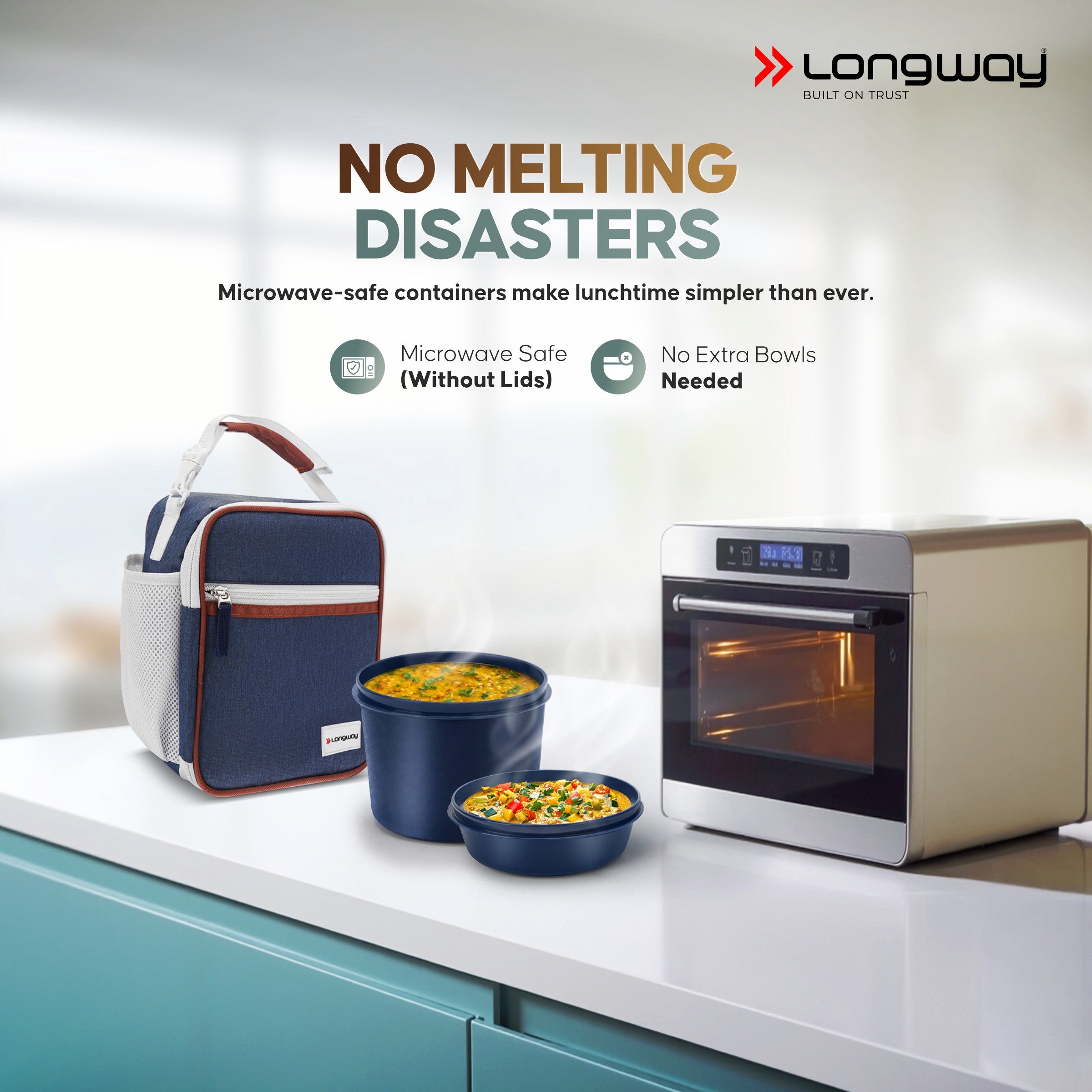 Longway Kivo Lunch Box with 3 Containers, 750ml Stainless Steel Bottle & Insulated Bag | Microwave Safe Food-Grade Containers (290ml, 400ml & 600ml) | Cutlery & Pickle Box