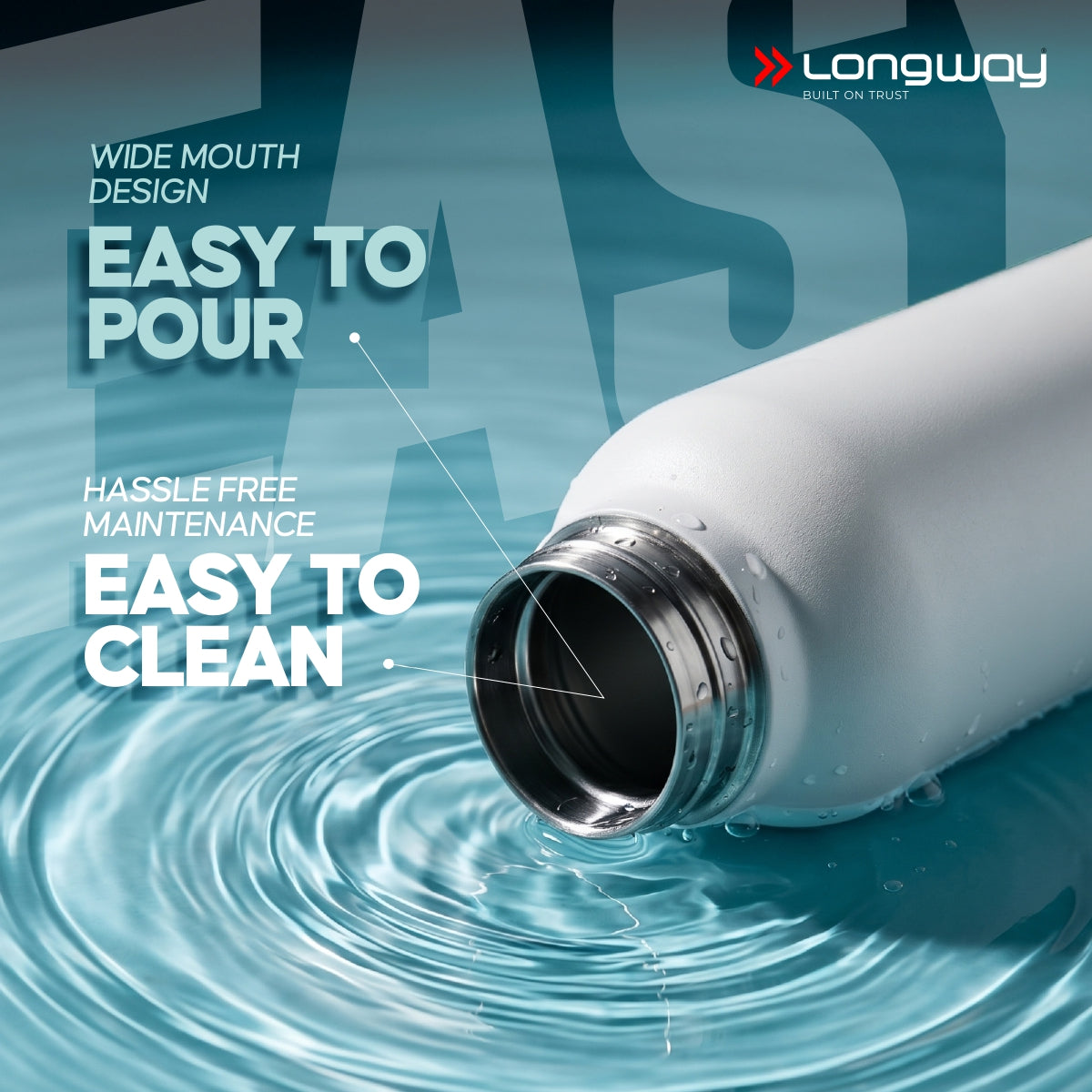 Longway Rush 1 Ltr Stainless Steel Water Bottle | Leak-Proof & Rust-Free Design | Perfect for School, Office, Home, Gym, Travel & Ideal for Men, Women & Kids (1000 ml)