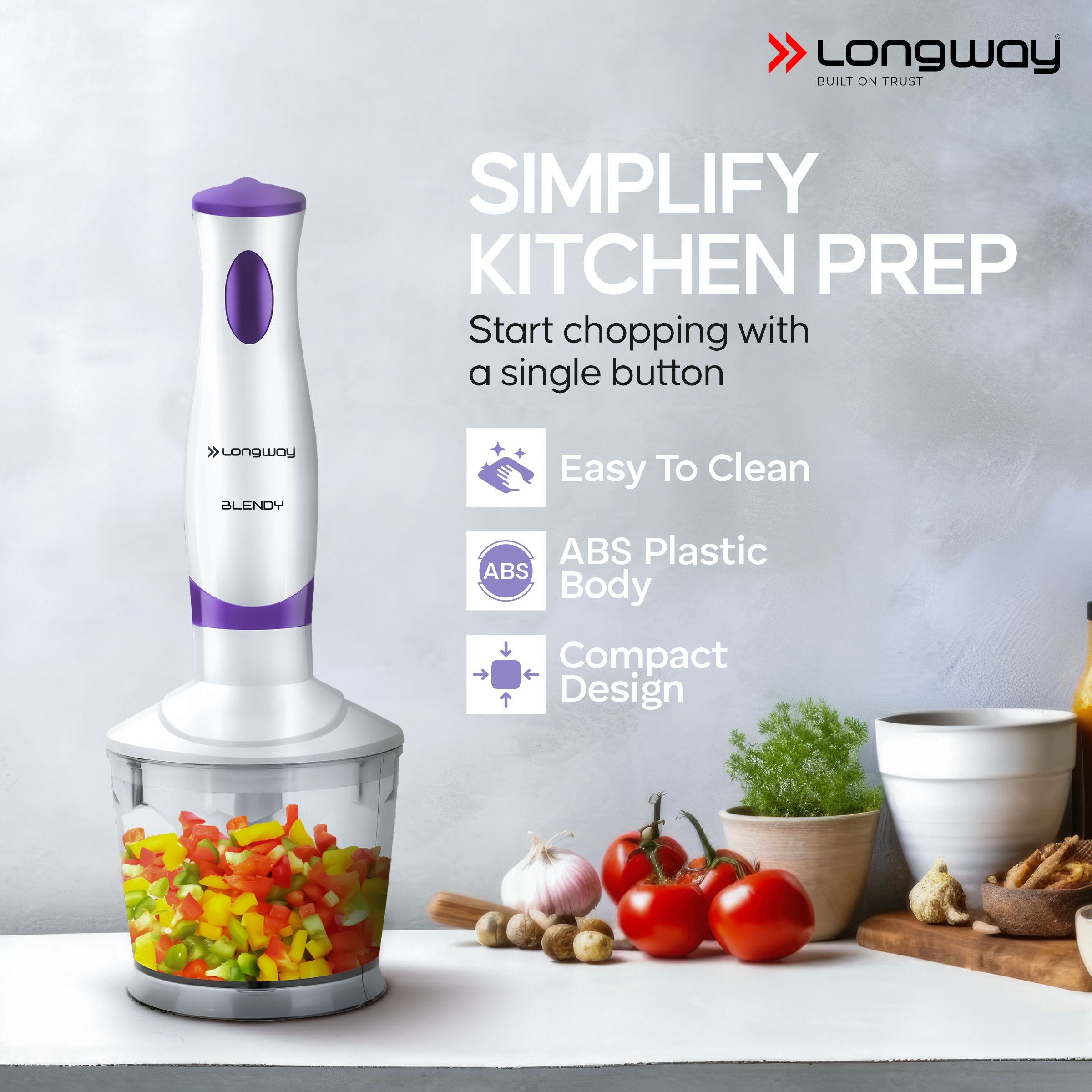 Longway Blendy Hand Blender with Chopper | Stainless Steel Blades | Detachable Anti Splash Plastic Foot | Perfect for Smooth Blends (300 W, Purple)