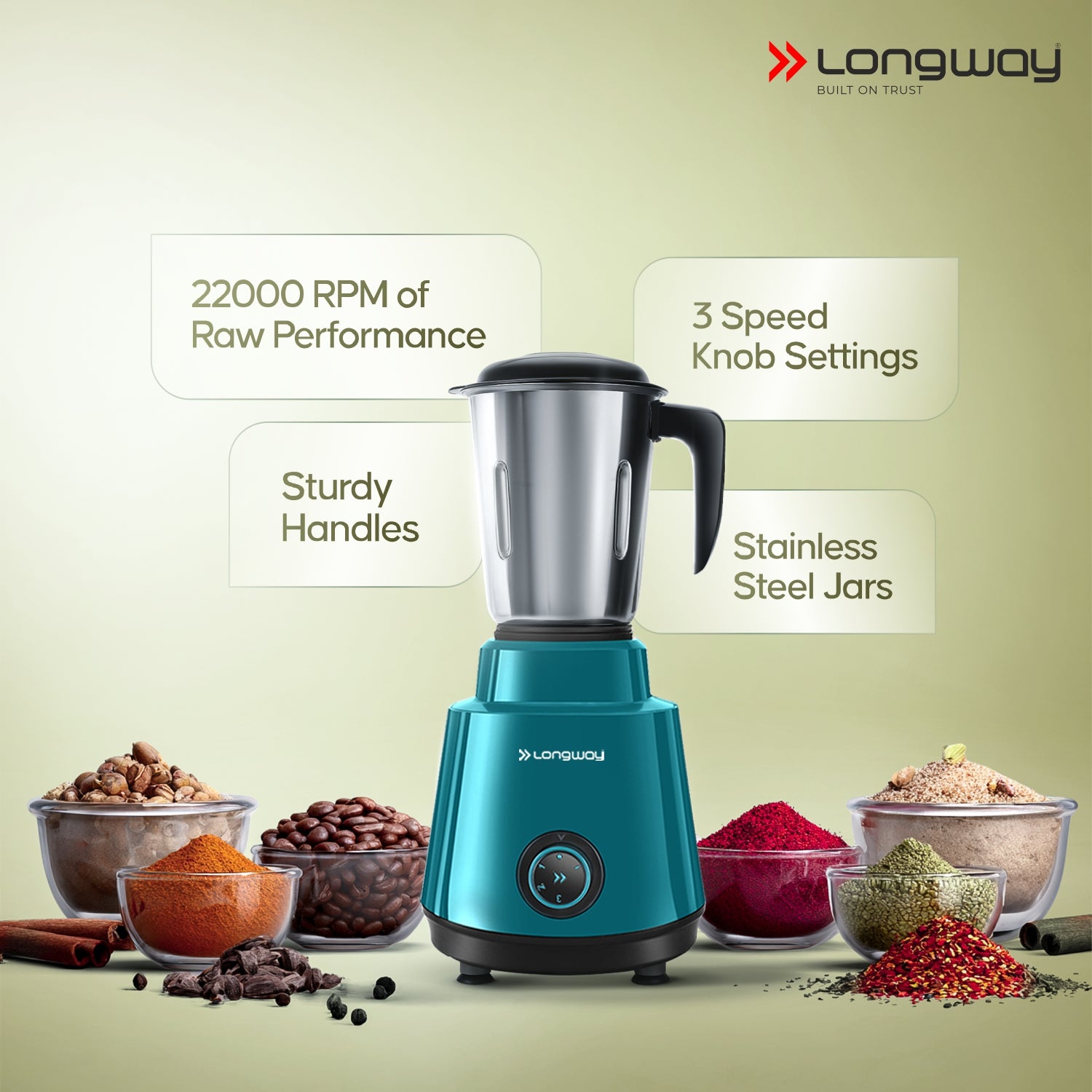 Longway Super Pro Juicer Mixer Grinder | Up to 500 - 750 Watt Max Output Powerful Motor | for Grinding, Mixing, Juicing | 2 Year Warranty