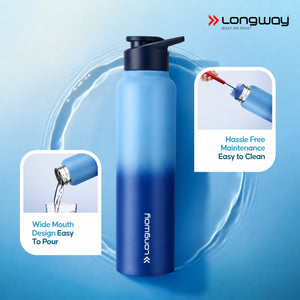 Longway Rush 1 Ltr Stainless Steel Water Bottle | Leak-Proof & Rust-Free Design | Perfect for School, Office, Home, Gym, Travel & Ideal for Men, Women & Kids (1000 ml)