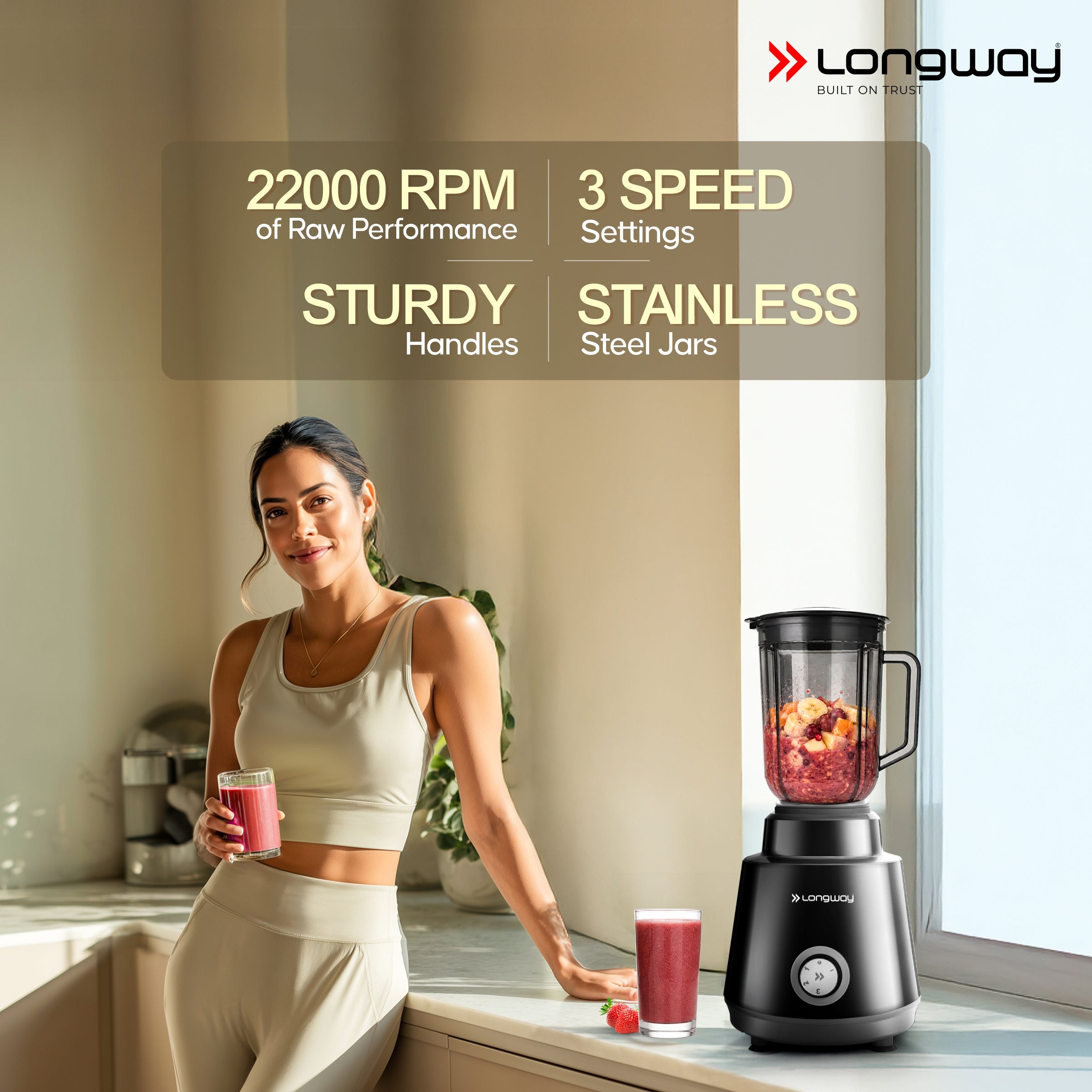 Longway Super Pro Juicer Mixer Grinder | Up to 500 - 750 Watt Max Output Powerful Motor | for Grinding, Mixing, Juicing | 2 Year Warranty